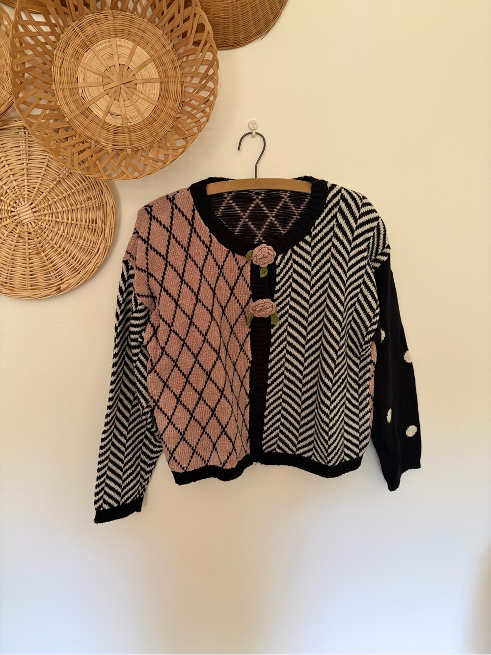 Vintage Carole Little Pink and Black Geometric Knit Cardigan with Rose Buttons